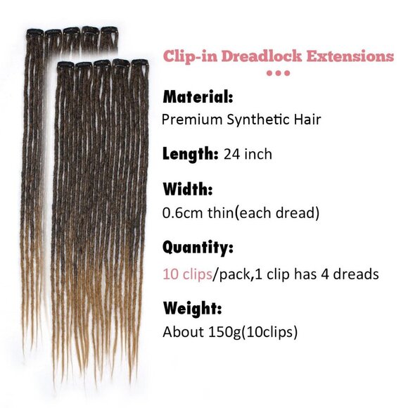 Clip in Dreadlock Hair Extensions Synthetic 24 Inch 10 Clips Natural Look